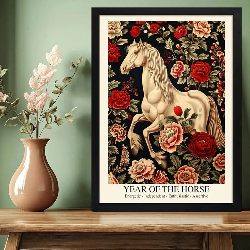Cuadro Año Del Caballo Zodiaco Chino William Morris Flores Caballo Blanco Negro