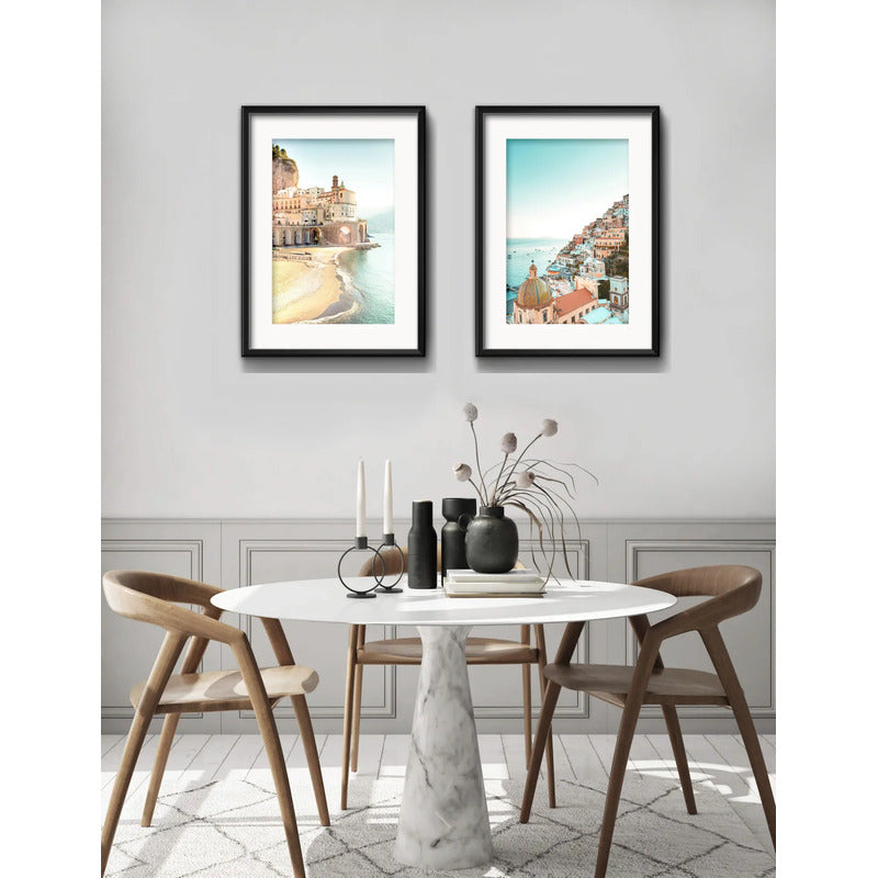 Set 2 Cuadros Costa Amalfitana Italia Playa Mar Con Paspartu 53x43cm Cada Cuadro Negro