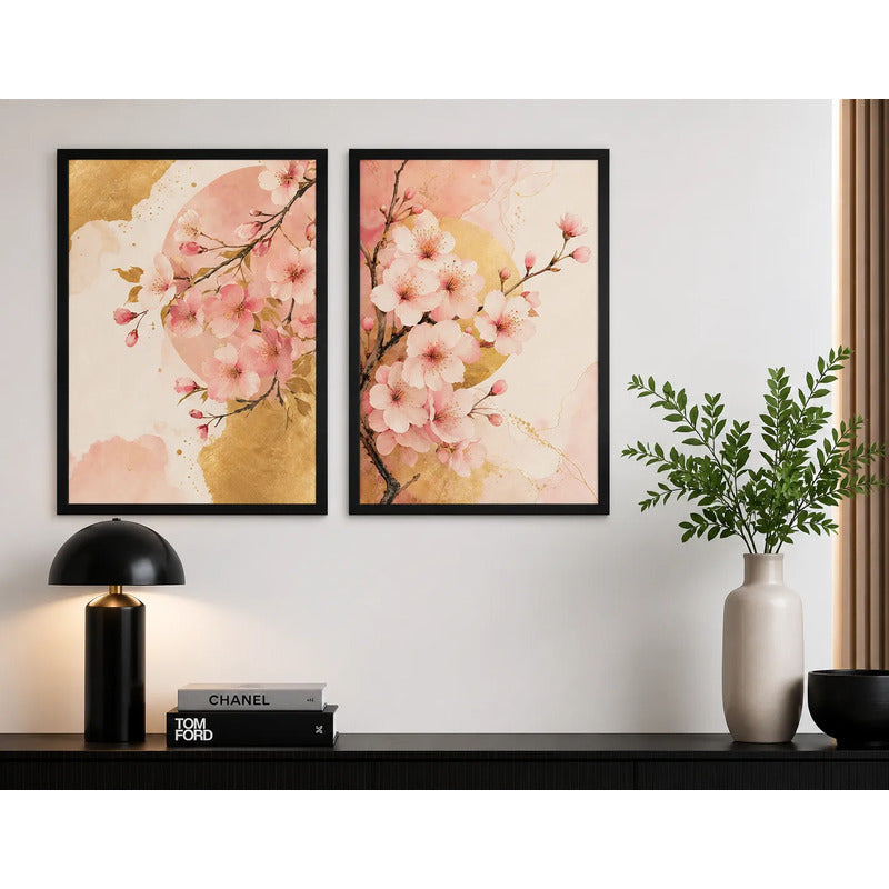 Set 2 Cuadros Cerezos En Flor Dorado Abstracto Decora Living Marco Negro