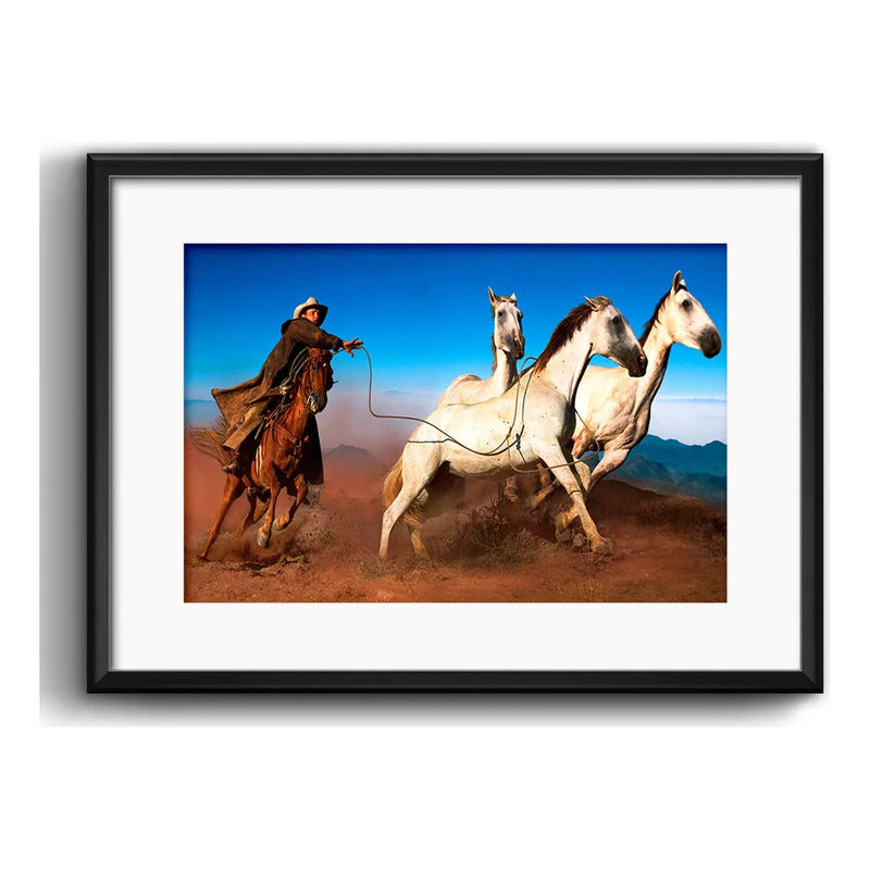 Cuadro Gaucho Caballos Vaquero Cowboy Hacienda Con Paspartú Marco Negro
