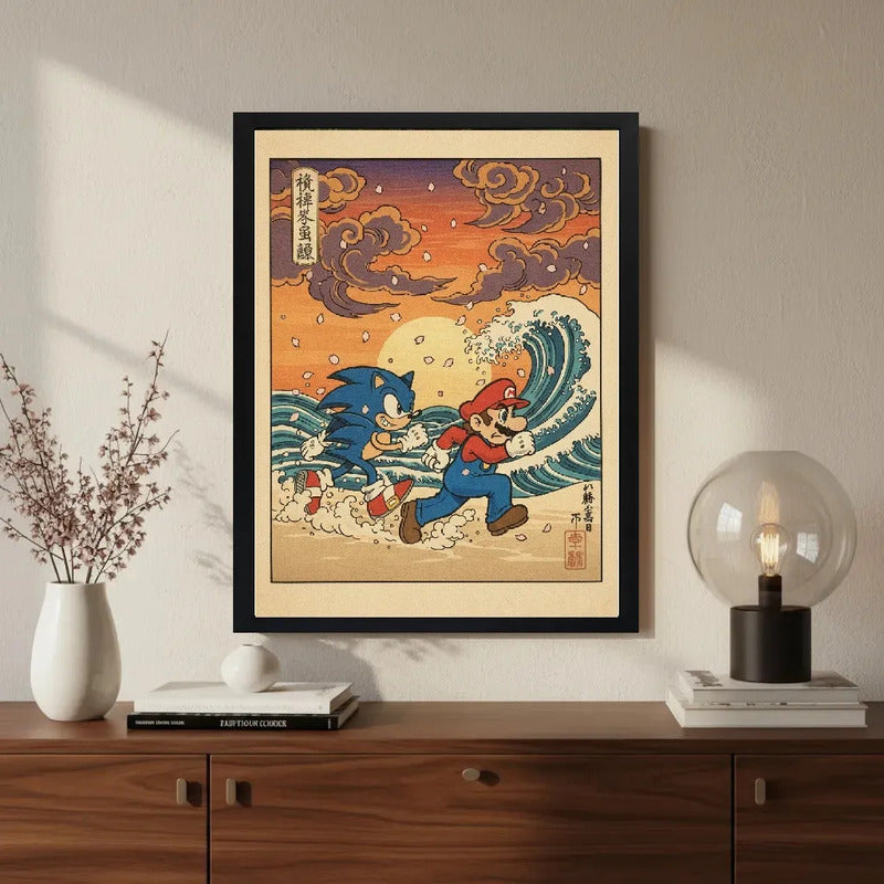 Cuadro Mario Sonic Playa Juego Game Ola Kanagawa Mar Japón Marco Negro