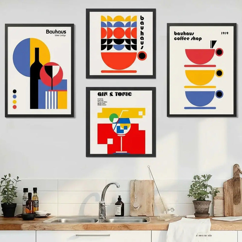 Wall 4 Cuadros Para Cocina Comedor Living Decoracion Moderna Bauhaus Vino Cafe Gin Tonica Con Marco Negro