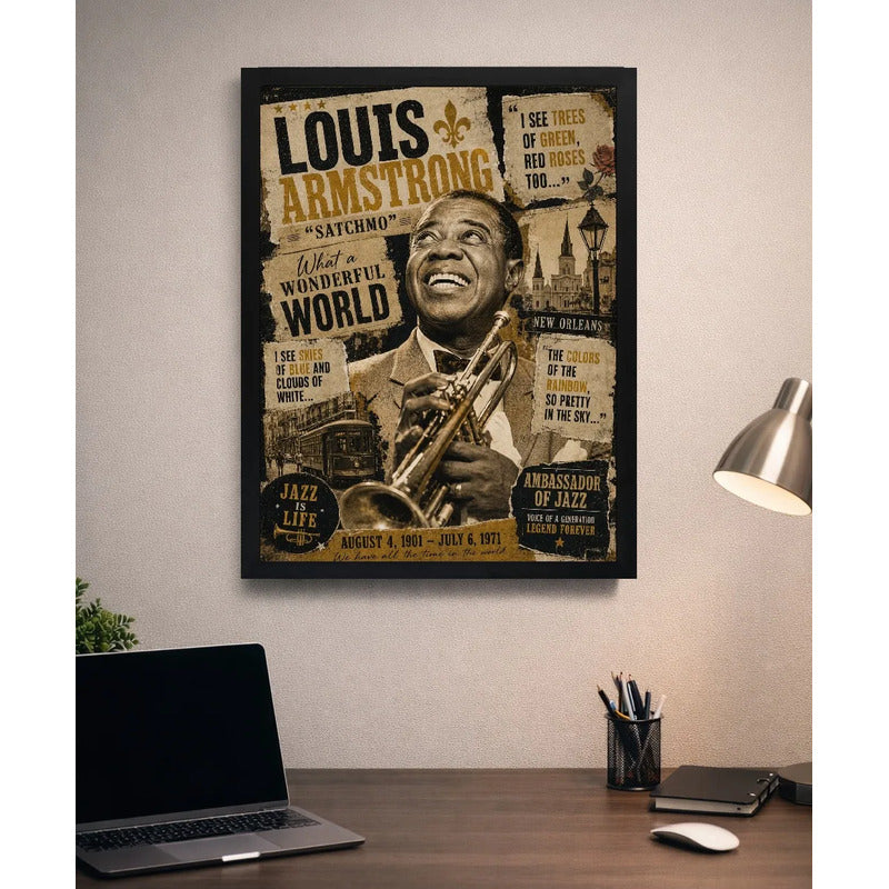 Cuadro Louis Armstrong Jazz New Orleans Musica Arte Vintage Marco Negro