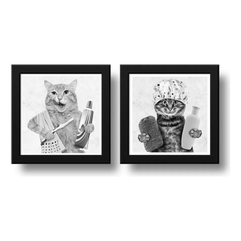 Set 2 Cuadros Gato Baño Blanco Y Negro Mascotas Decoracion