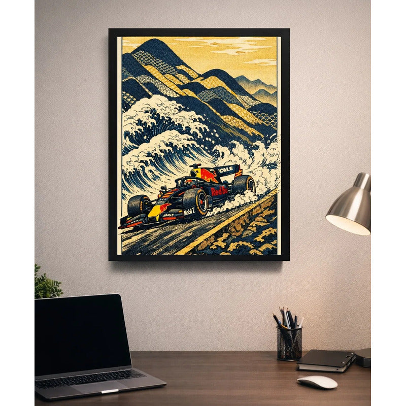 Cuadro Auto Formula 1 Ola Kanagawa Japón Carrera Vintage Art Marco Negro