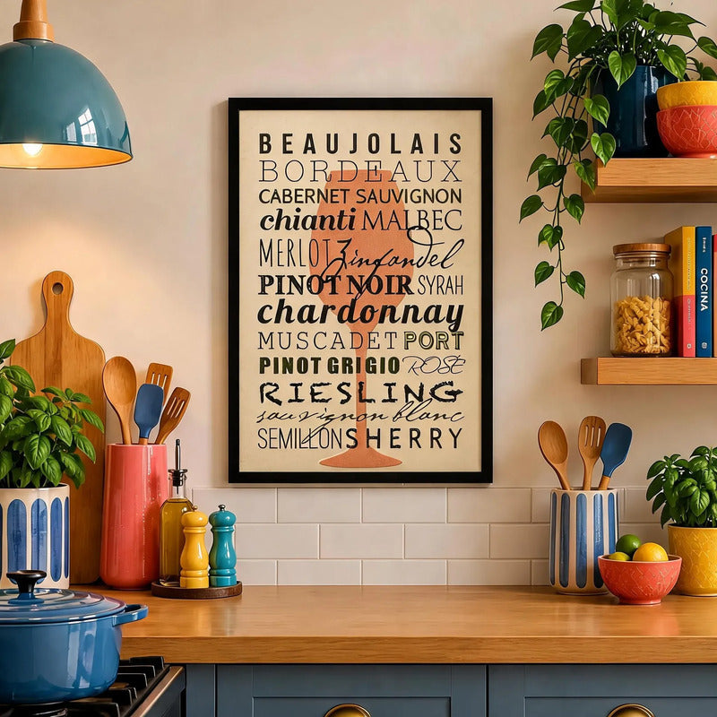 Cuadro Vino Variedades Cepas Regiones Vinícola Arte Cocina Marco Negro