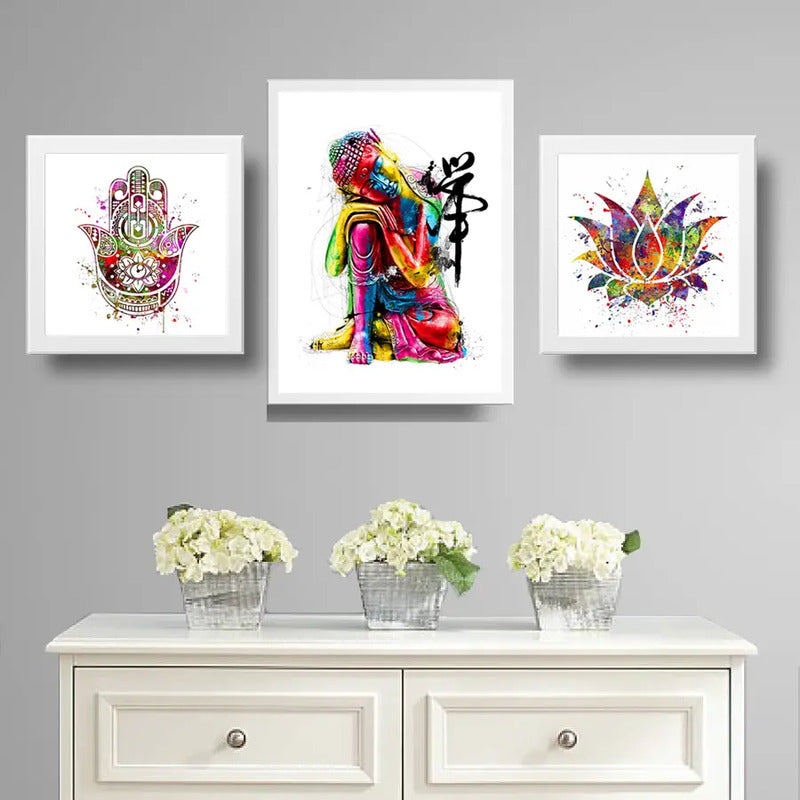 Set 3 Cuadros Buda Flor De Loto Hamsa Pop Art Zen Feng Shui