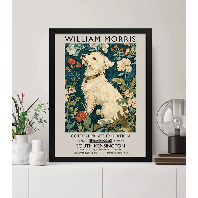 Cuadro Perro Flores William Morris Art & Craft 1 Exposición Marco Negro