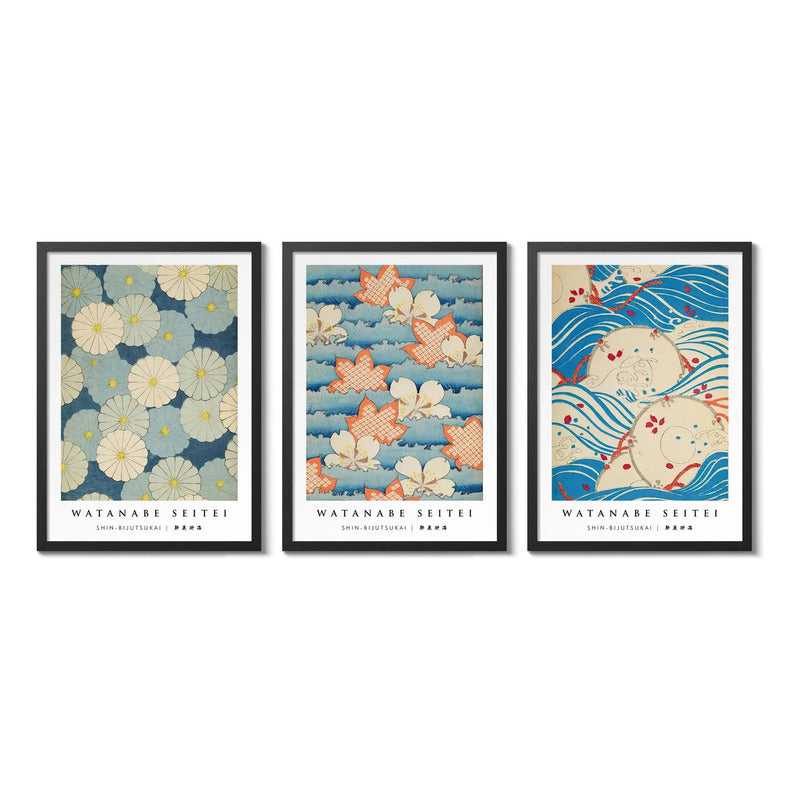 Set 3 Cuadros Dormitorio Living Watanabe Seitei I Arte Japón Marco Negro