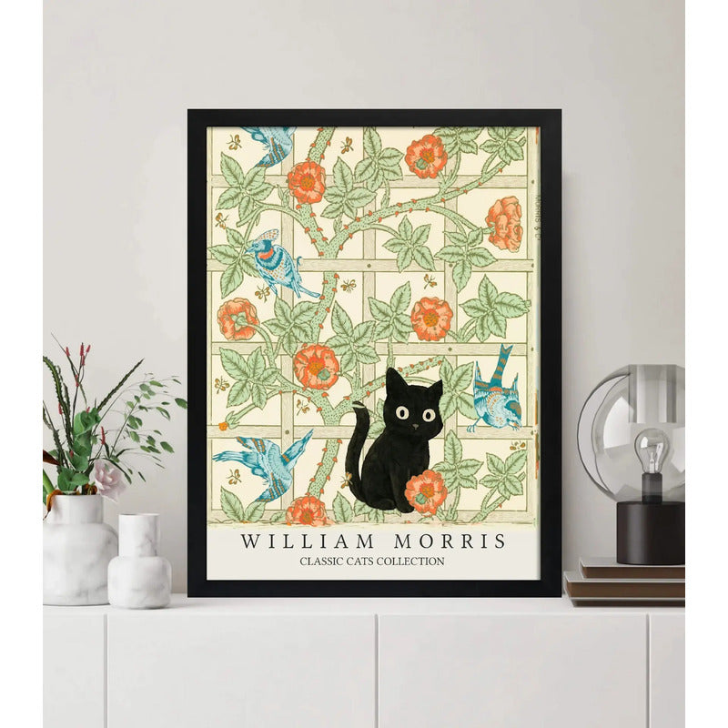 Cuadro Gato Negro Y Celosía Floral William Morris Arte Flor Marco Negro