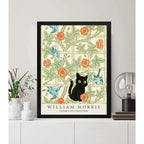 Cuadro Gato Negro Y Celosía Floral William Morris Arte Flor Marco Negro