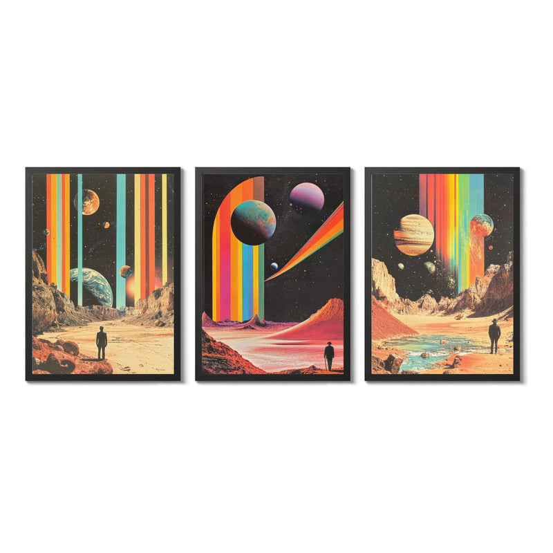 Set 3 Cuadros Planetas Paisajes Surrealistas Ciencia Ficción Marco Negro