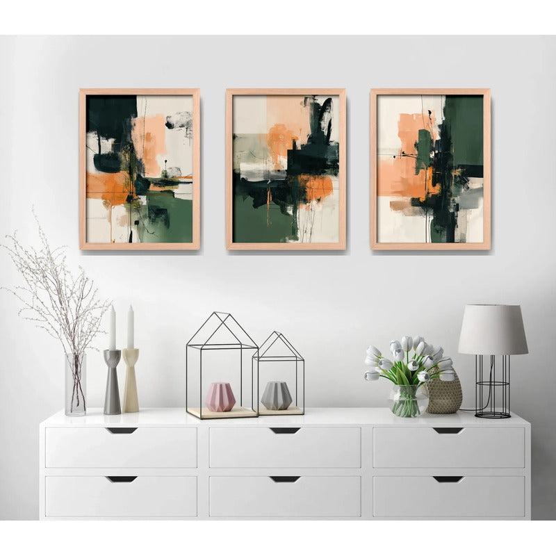 Set 3 Cuadros Dormitorio Living Abstracto Arte Verde Durazno Marco Marrón Claro