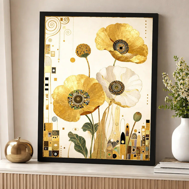Cuadro Living Dormitorio Flores Dorado Beige Gustav Klimt Marco Negro