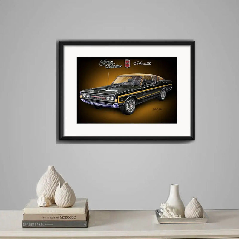 Cuadro Autos Antiguos Modelos Marcas Retro Arte Con Paspartu Ford Gran Torino Cobra Jet Con Marco Negro