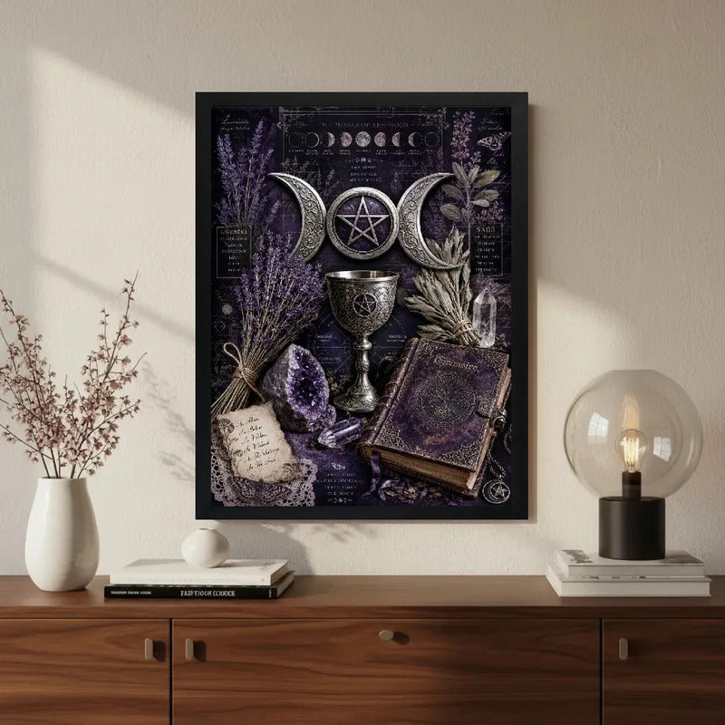 Cuadro Wicca Altar Místico Pentáculo Cristales Arte Vintage Marco Negro