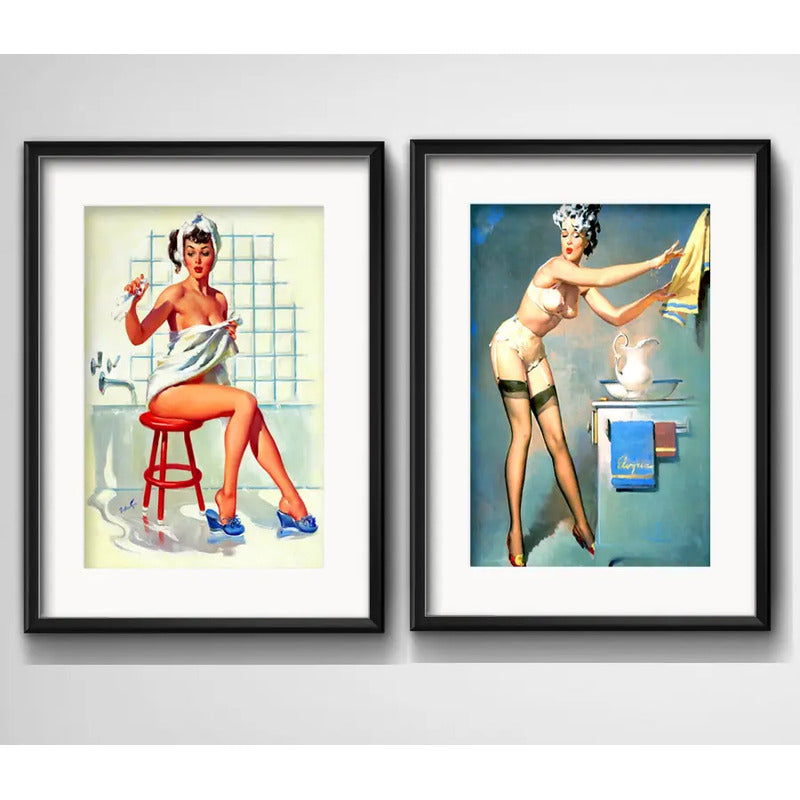 Set 2 Cuadros Pin Ups Baño Retro Decoracion Con Paspartú