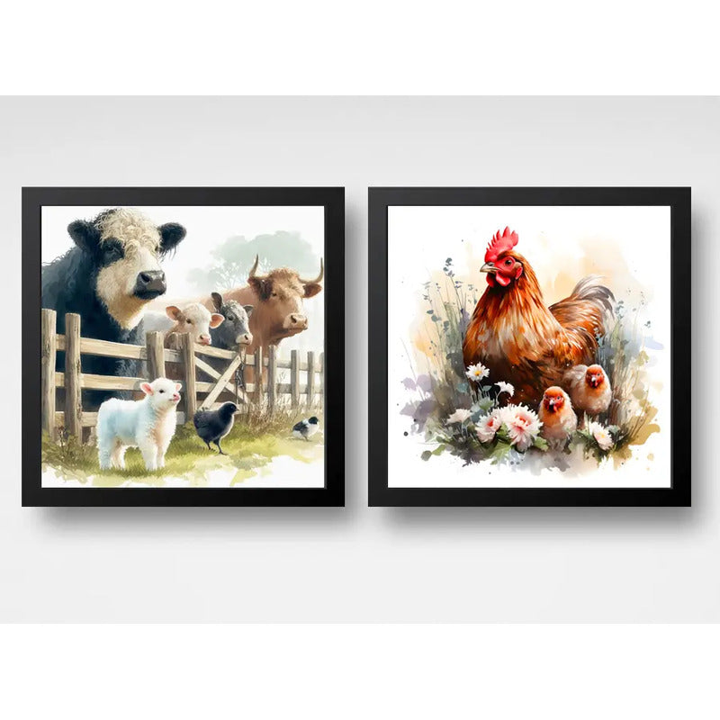 Set 2 Cuadros Animales De Granja Hacienda Campo Pollo Vaca Marco Negro
