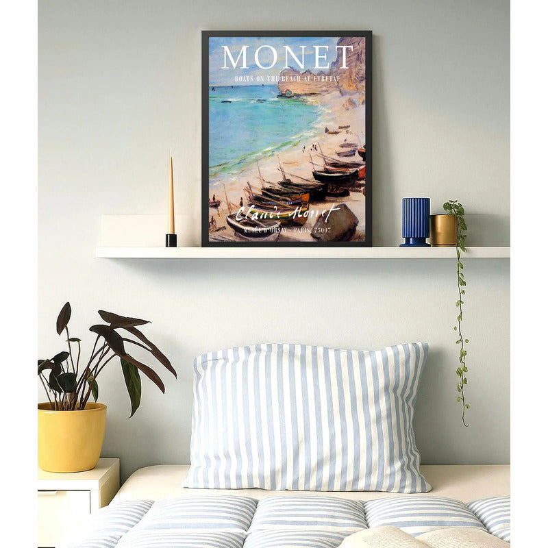 Cuadro Dormitorio Living Claude Monet Barcos Playa Étretat Marco Negro