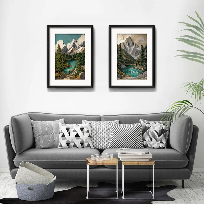 Set 2 Cuadros Paisaje Montañosa Textura 3d Brs1 Con Paspartu 53x43cm Cada Cuadro Negro