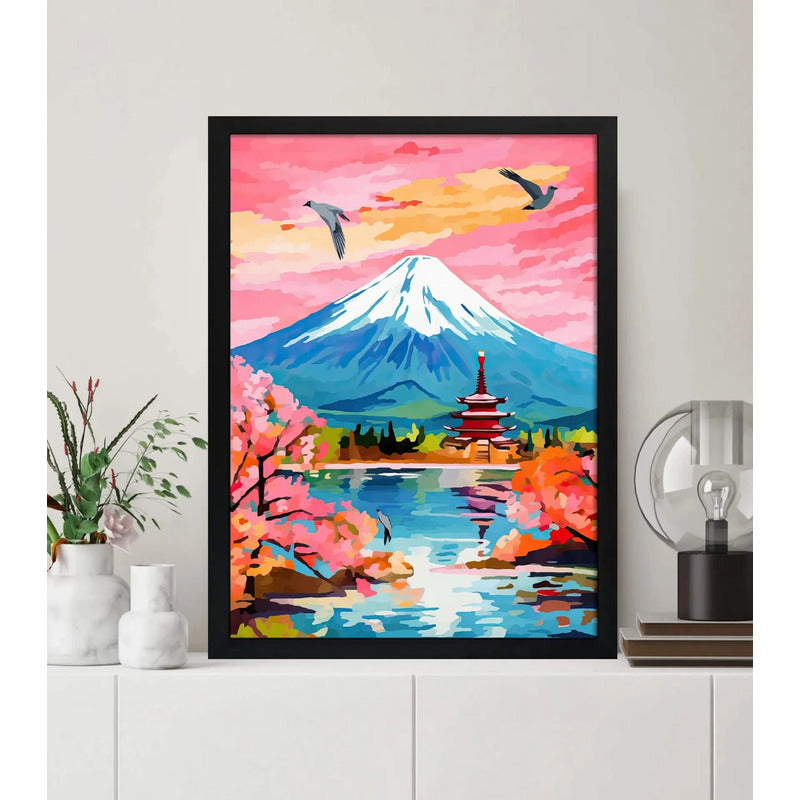 Cuadro Living Paisaje Onírico Flor Cerezo Sakura Arte Japón Marco Negro