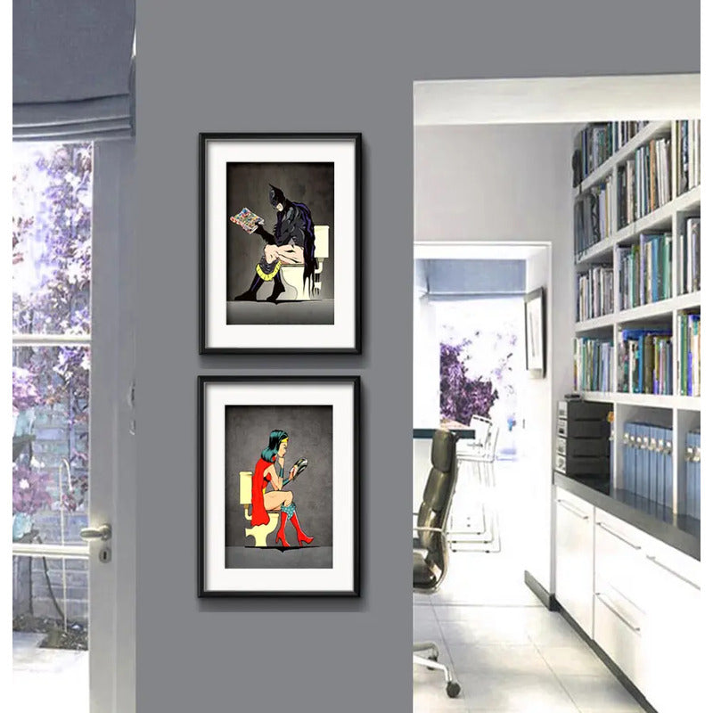Set 2 Cuadros Heroes Baño Batman Mujer Maravilla Paspartú