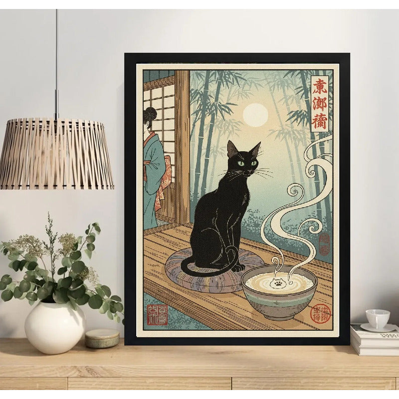 Cuadro Gato Mistico Cafe Latte Bambu Japón Cocina Decoracion Marco Negro