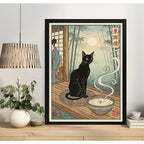 Cuadro Gato Mistico Cafe Latte Bambu Japón Cocina Decoracion Marco Negro