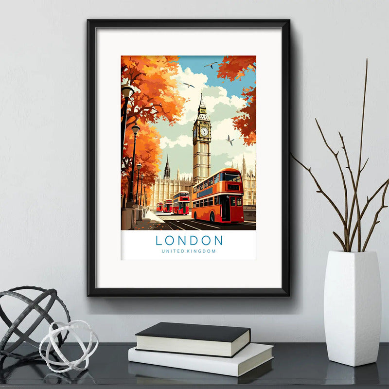 Cuadro Londres Uk Ciudad Bus Autobús Big Ben Con Paspartú Marco Negro