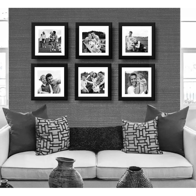 Set 6 Cuadros Personalizado Foto Familia Pareja Amigos 33x33 Blanco Y Negro Marco Negro