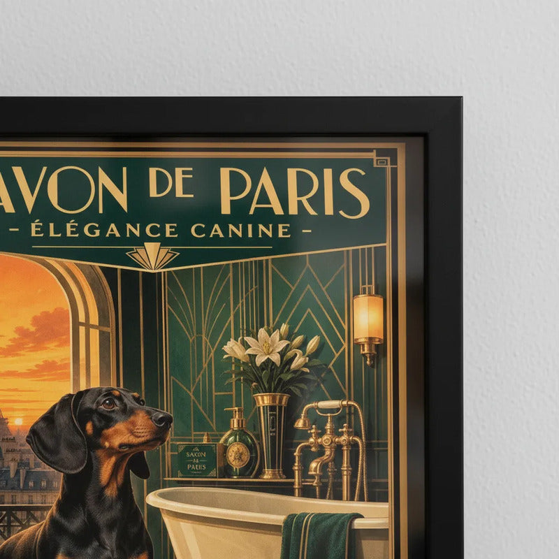 Cuadro Baño Paris Elegante Perro Salchicha Dachshund Marco Negro
