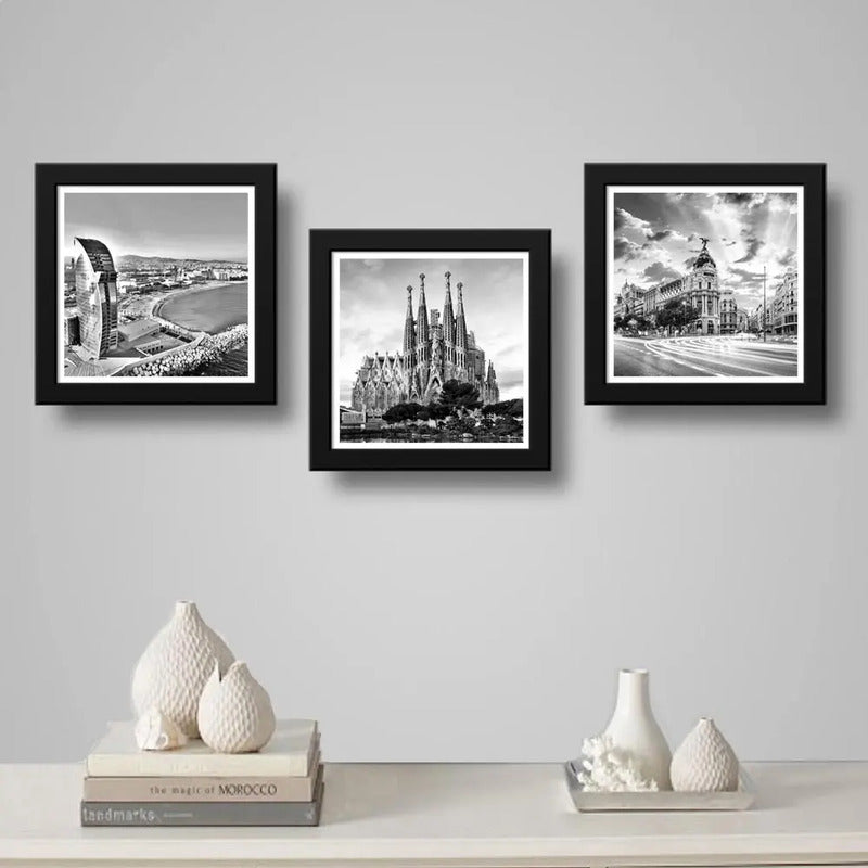 Set 3 Cuadros España Madrid Barcelona Blanco Y Negro Decora