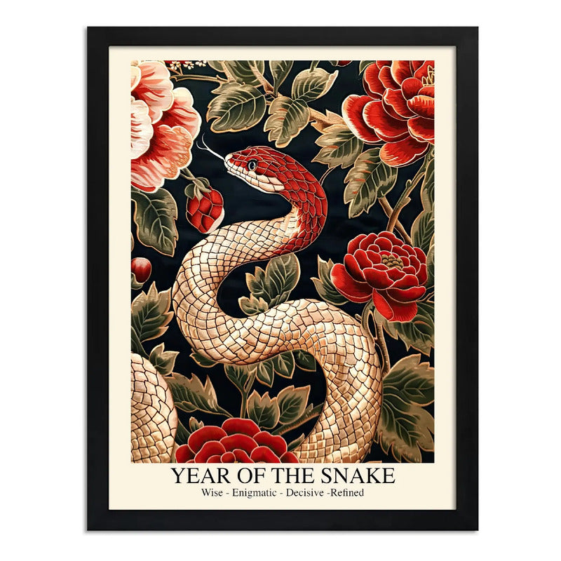 Cuadro Serpiente Lunar Zodiaco Peonias Floral Botanico Arte Serpiente Y Peonias 1 Marco Negro