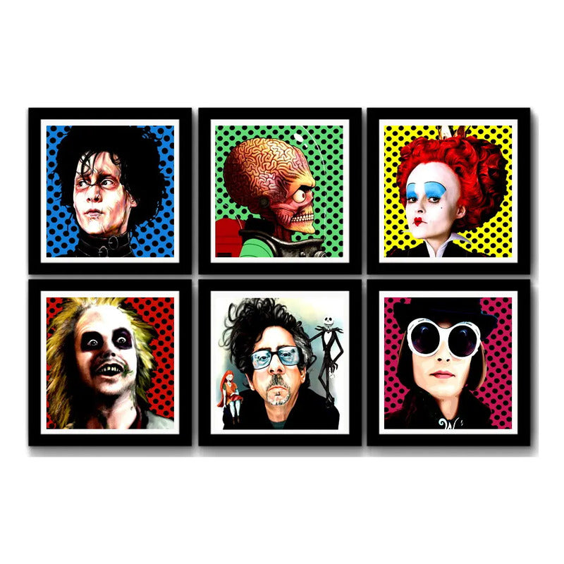Set 6 Cuadros Tim Burton Pop Art Peliculas Cine Decoracion Marco Negro