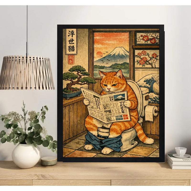 Cuadro Gato Naranja Bano Japón Bonsai Fuji Decoracion Marco Negro