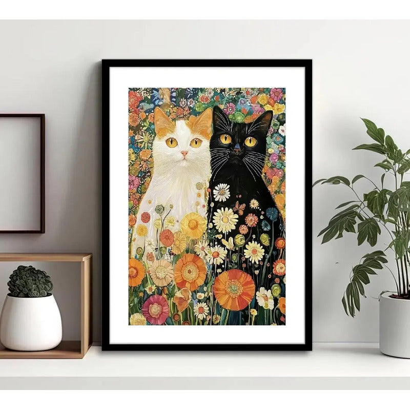 Cuadro Gatos Gustav Klimt Floral Gato Arte Decoracion Marco Negro