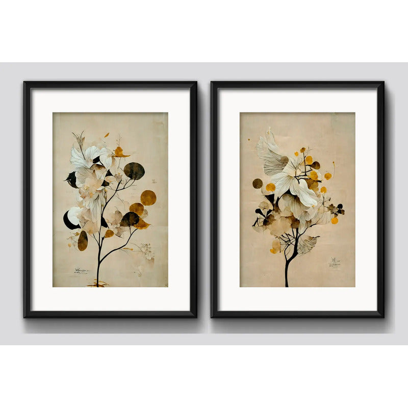 Set 2 Cuadros Flores Tonos Pastel Y Tierra Con Paspartú Marco Negro