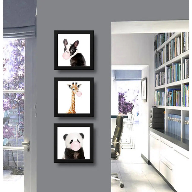 Set 3 Cuadros Panda Jirafa Perro Chicle Animales Decoracion
