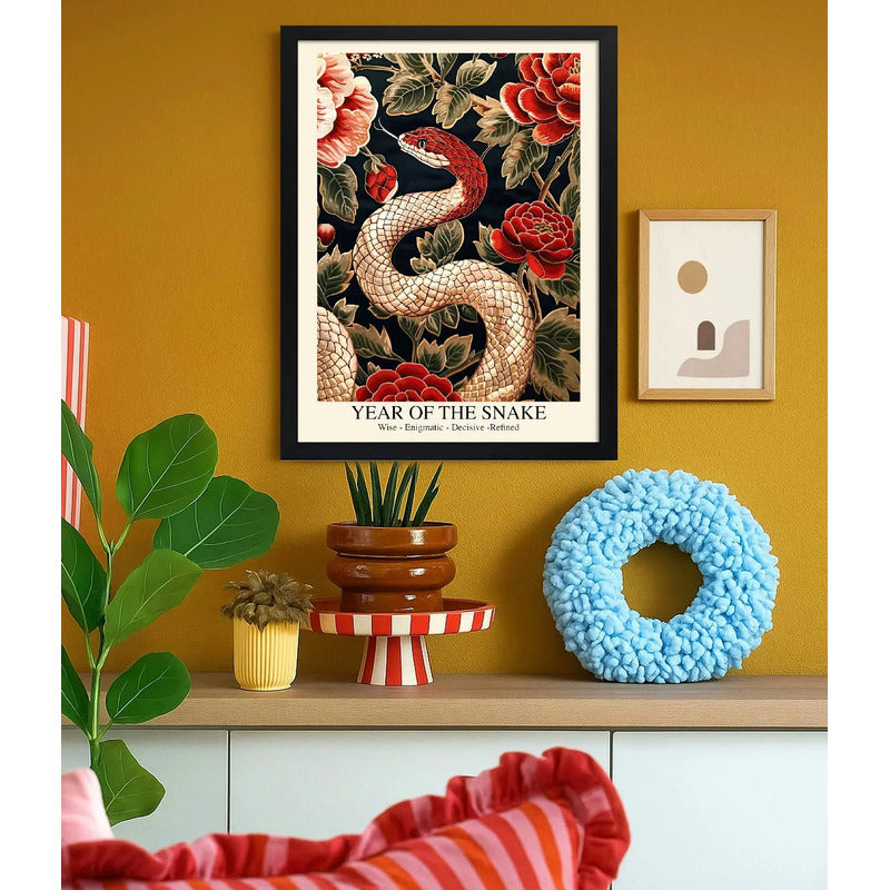 Cuadro Serpiente Lunar Zodiaco Peonias Floral Botanico Arte Serpiente Y Peonias 1 Marco Negro