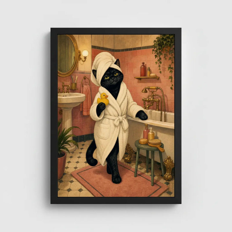 Cuadro Gato Negro Con Bata De Baño Boho Decoracion Marco Negro