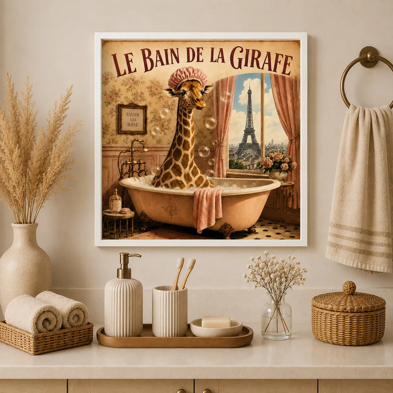 Cuadro Para Decoracion Bano Jirafa Paris Tonos Rosa 33x33cm Marco Blanco