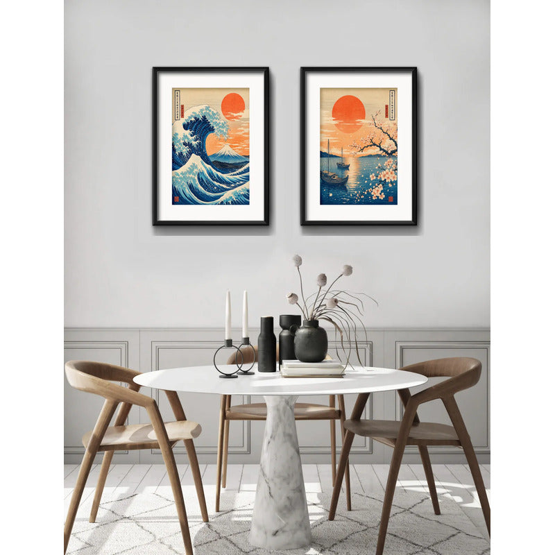 Set 2 Cuadros Arte Japones Ola Monte Fuji Sol Con Paspartu 53x43cm Cada Cuadro Negro
