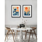 Set 2 Cuadros Arte Japones Ola Monte Fuji Sol Con Paspartu 53x43cm Cada Cuadro Negro
