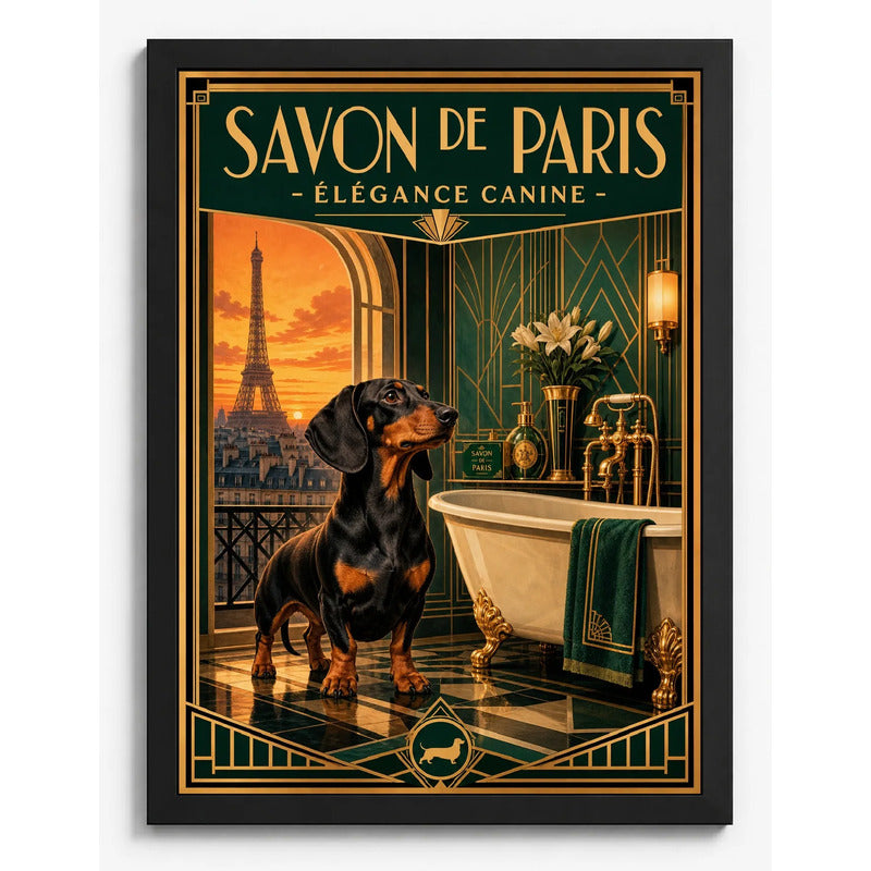 Cuadro Baño Paris Elegante Perro Salchicha Dachshund Marco Negro