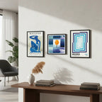 Set 3 Cuadros Para Living Cocina Estudio Tonos Azul Indigo Paul Klee Matisse Bauhaus Con Marco Negro