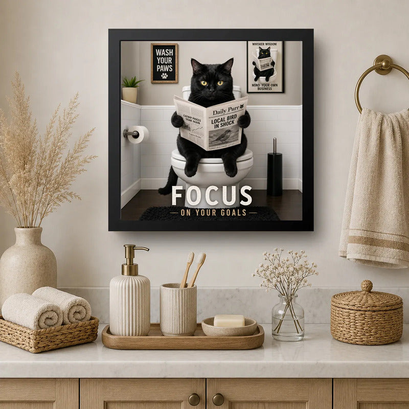 Cuadro Para Decoracion Bano Gato Negro Motivacional 33x33cm Marco Negro