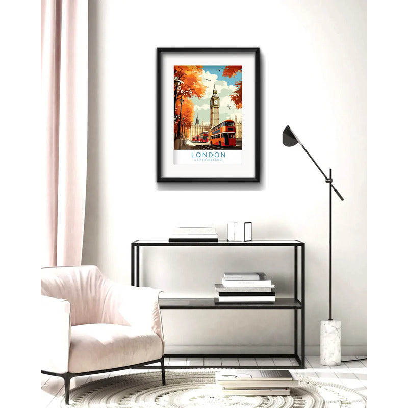 Cuadro Londres Uk Ciudad Bus Big Ben 53x43cm Con Paspartú Marco Negro
