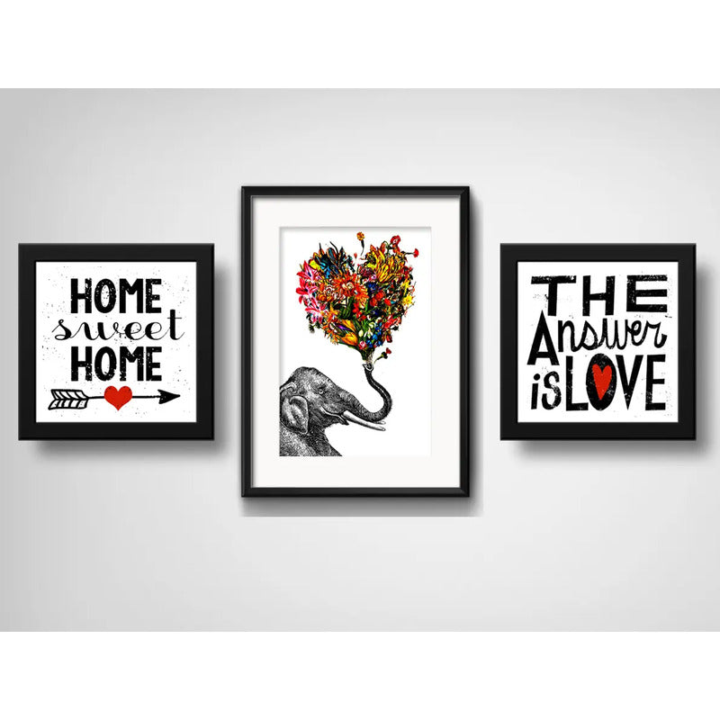 Set 3 Cuadros Elefante Amor Corazón Home Sweet Home Frase