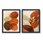 Set 2 Cuadros Boho Abstracto Hojas Doradas Terracota Living Marco Negro