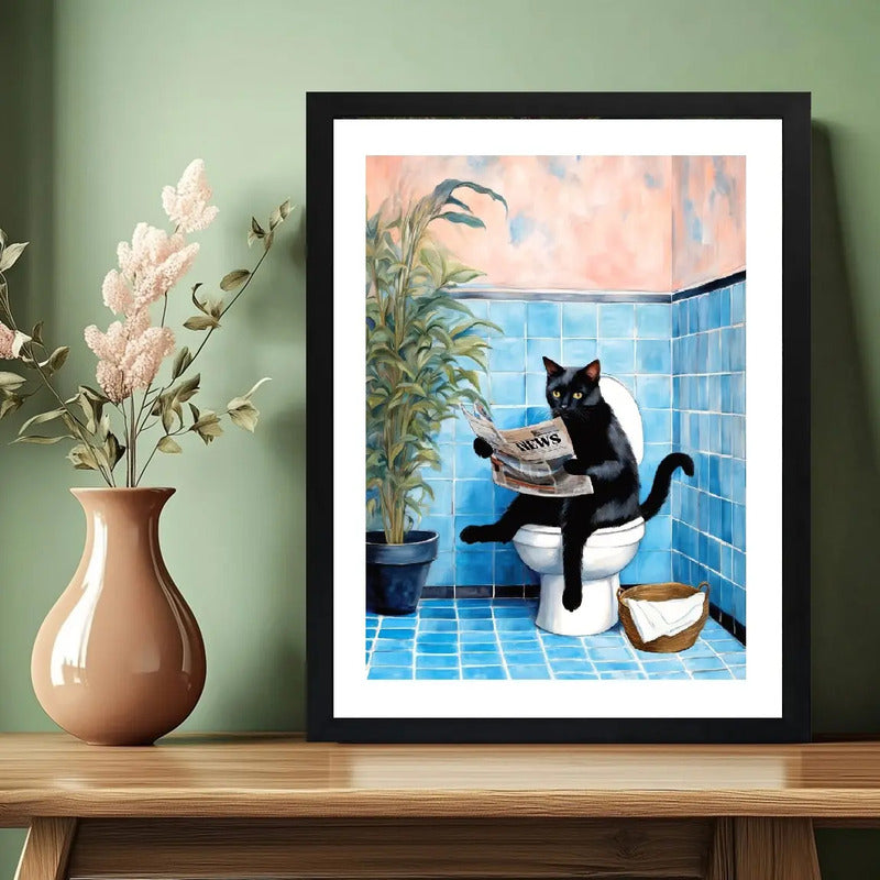Cuadro Gato Negro Bano Arbol Arte Mascota Decoracion Moderna Marco Negro